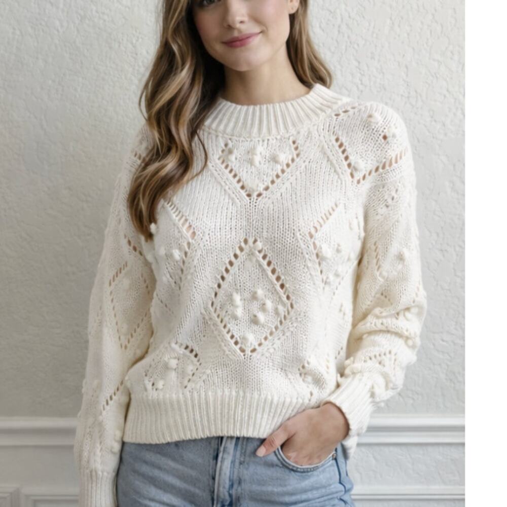 LOFT Cream Diamond Pointelle Bobble Knit Pullover Sweater Small